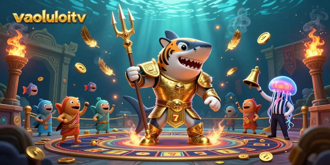 Bet on excitement with vaoluoitv in this dynamic underwater casino scene featuring a fierce tiger shark and playful atmosphere.