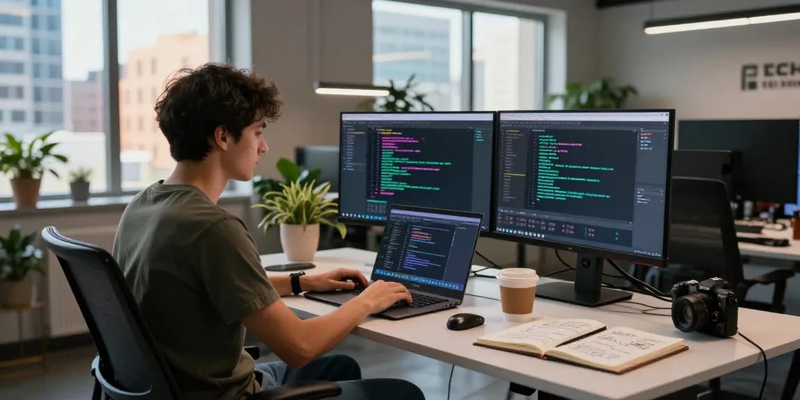 Frontend development with React in a modern tech workspace with developer coding on laptop and monitors displaying vibrant UI components.
