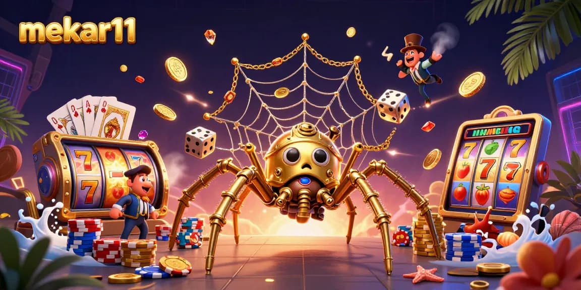 Mekar11 slots jackpot scene with steampunk spider, coins, and spinning reels for winning strategies