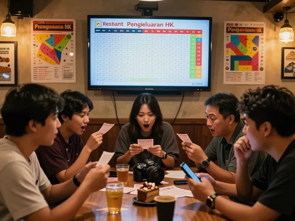 Excited players watching Pengeluaran HK live results in a lively cafe setting, showcasing community spirit and anticipation.