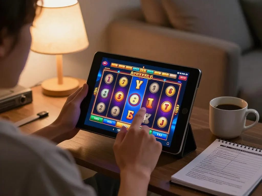 Engaging with online casinos in Canada, person playing slots on a tablet in a cozy setting