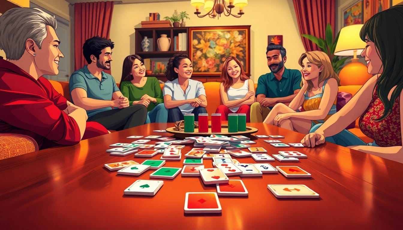 Players enjoying Yono Rummy around a table, showcasing engaging gameplay dynamics and cozy atmosphere.
