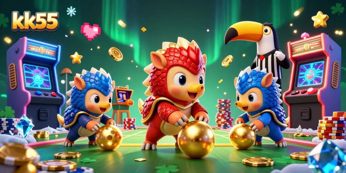 Check out kk55's thrilling casino games with vibrant pangolins competing over poker chips!