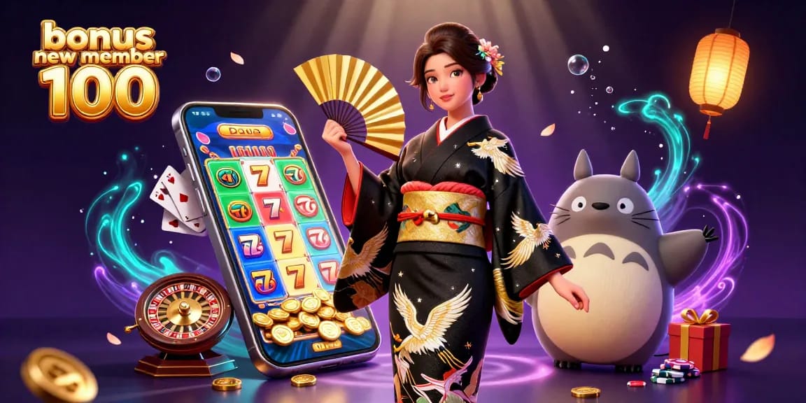 Engage in thrilling gaming experiences with bonus new member 100, featuring an elegant kimono-clad woman and a wise tanuki.