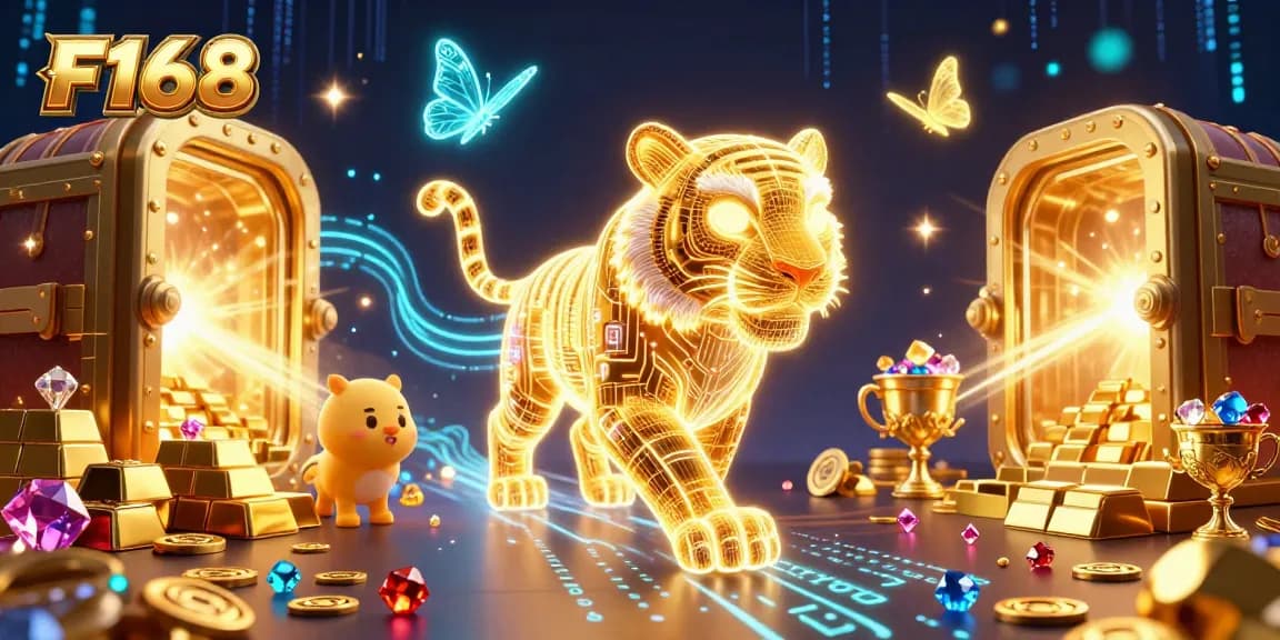 Experience the thrill of F168 as the golden tiger prowls a digital casino landscape filled with treasures.