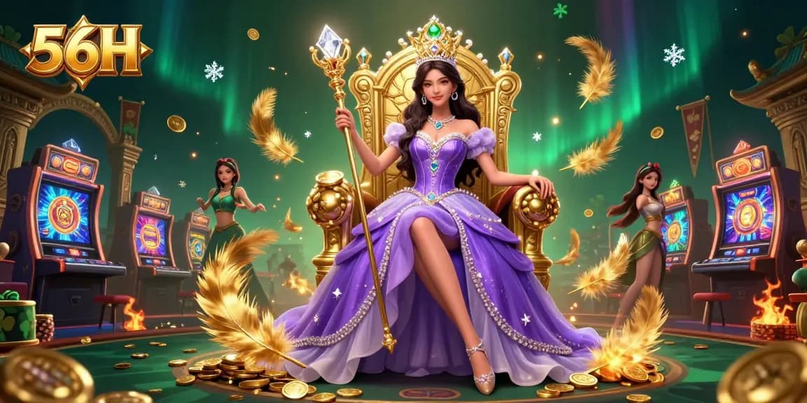 Engage with the vibrant casino world of 56H featuring a beautiful Asian woman in royal attire.