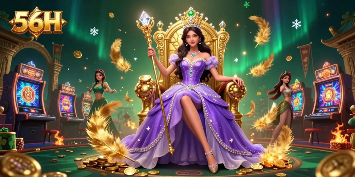 Engage with the vibrant casino world of 56H featuring a beautiful Asian woman in royal attire.