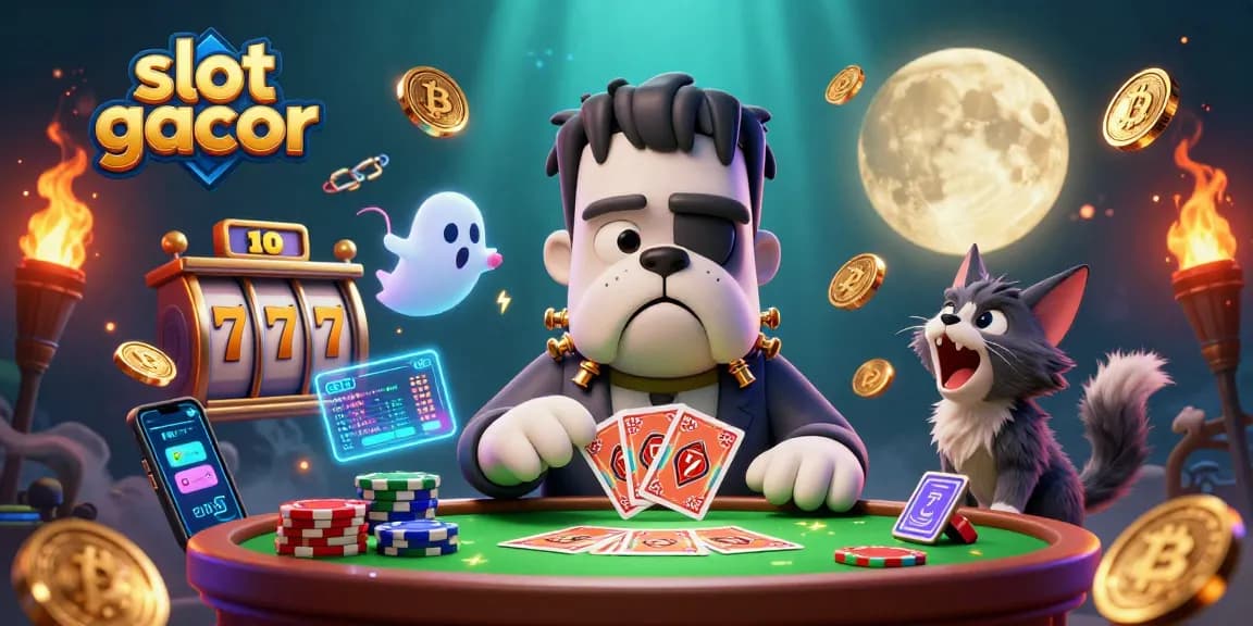 Experience thrilling slot gacor gameplay with card-dealing bulldog and mystical elements at a ghostly casino table.
