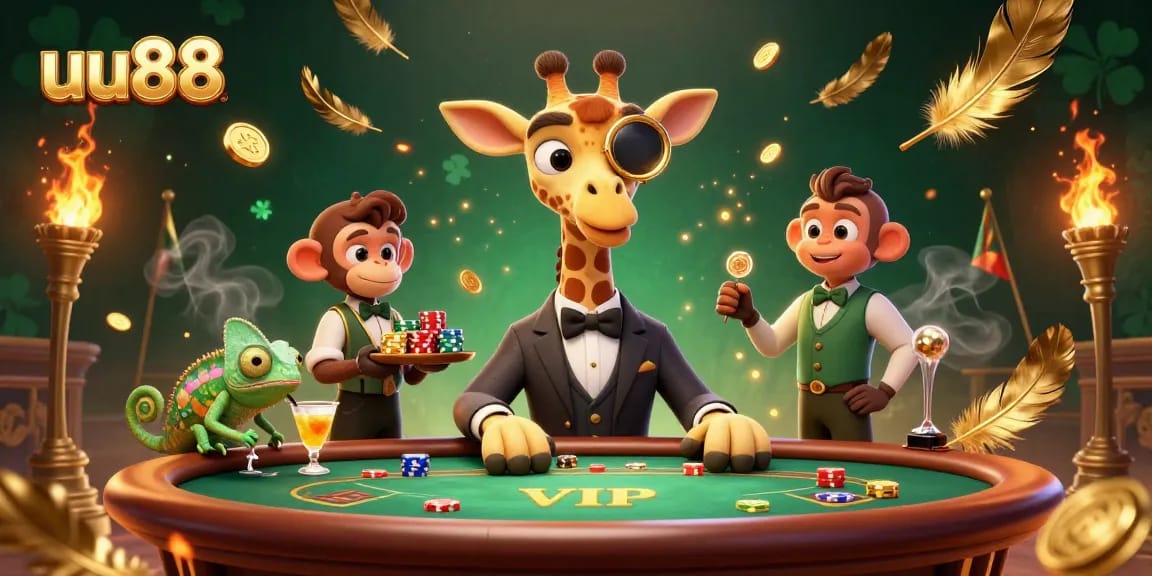 uu88 showcases a vibrant 3D scene with a giraffe and monkey at a poker table, highlighting casino glamour.