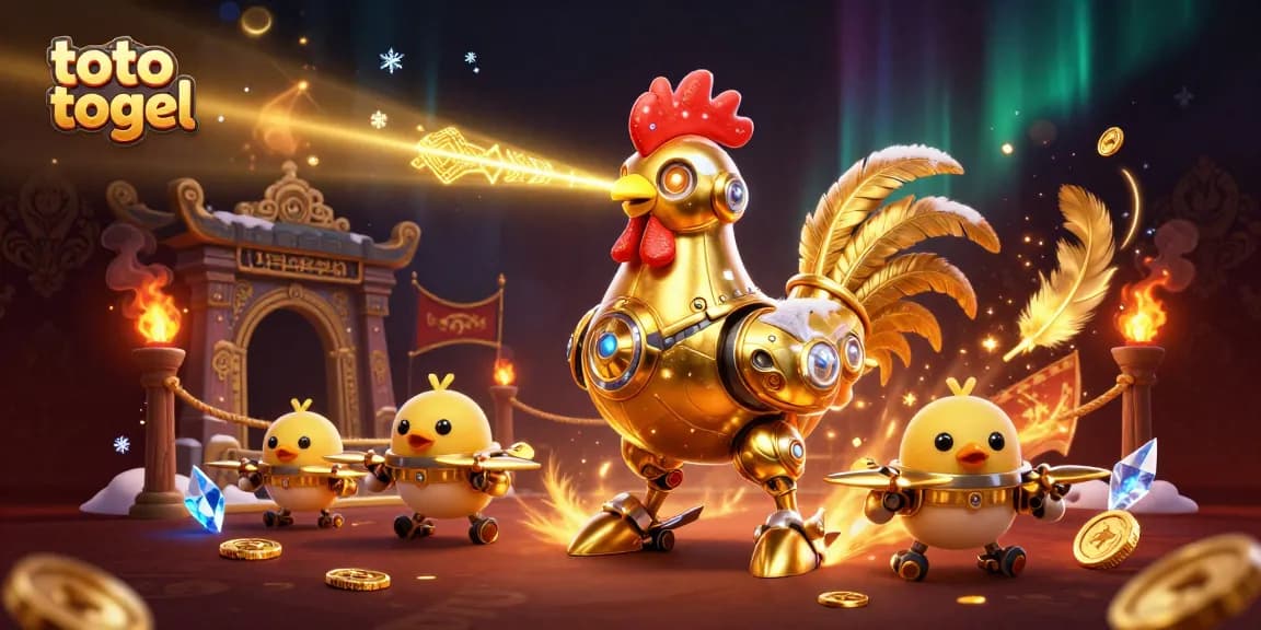 Experience toto togel excitement with a golden rooster robot and flying chick drones in a vibrant casino-themed scene.