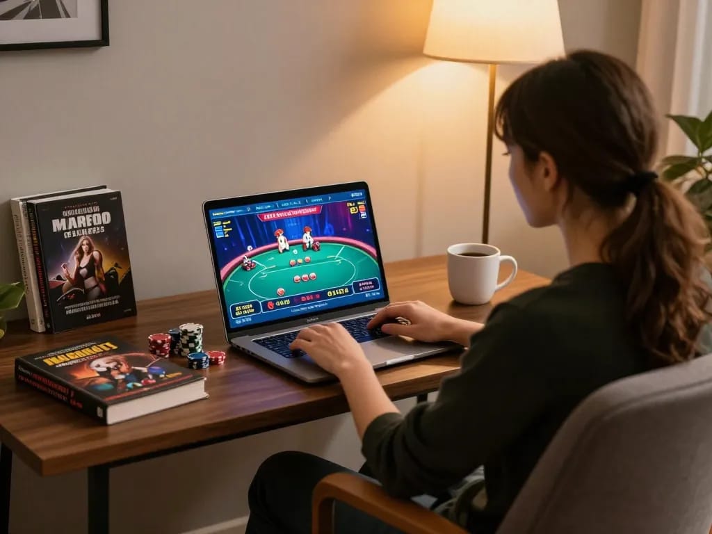Play poker on UU88 okwin while using a laptop in a cozy home environment.