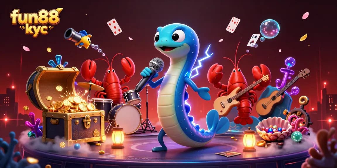 Cá cược tại Fun88 KYC với hình ảnh điện lươn và ban nhạc biểu diễn dưới biển, mang lại trải nghiệm thú vị cho người chơi.