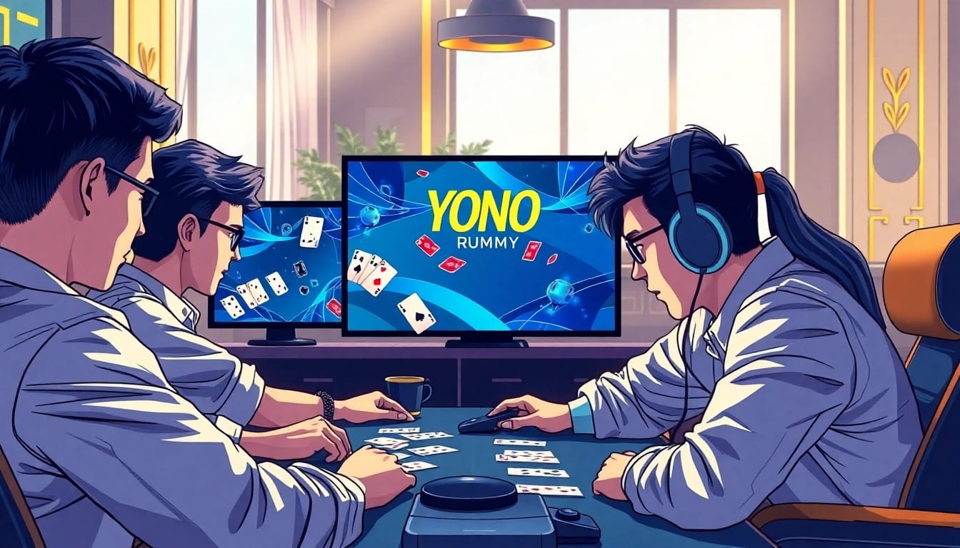 Engage in Yono Rummy gameplay with focused players and vibrant digital elements in a modern gaming setting.