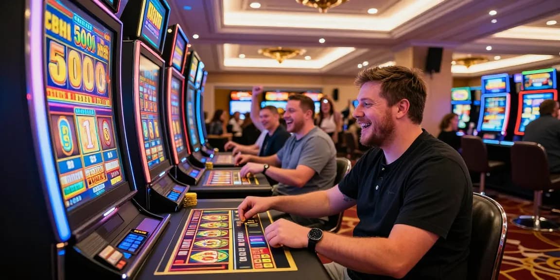 Exciting casino gaming scene with a player at slot depo 5000 machine, celebrating wins in a vibrant environment.