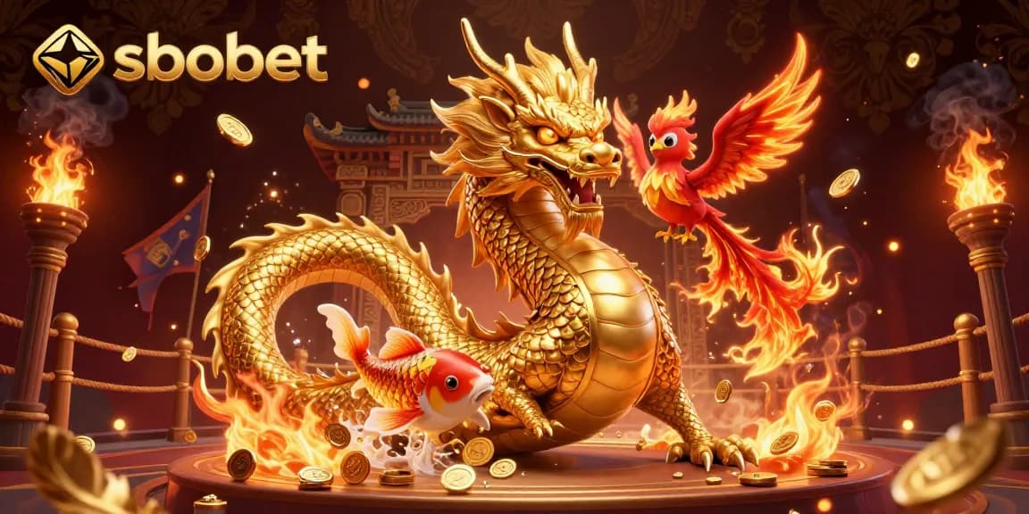 Engage with sbobet sports betting featuring a golden dragon, red phoenix, and koi fish in a vibrant scene.
