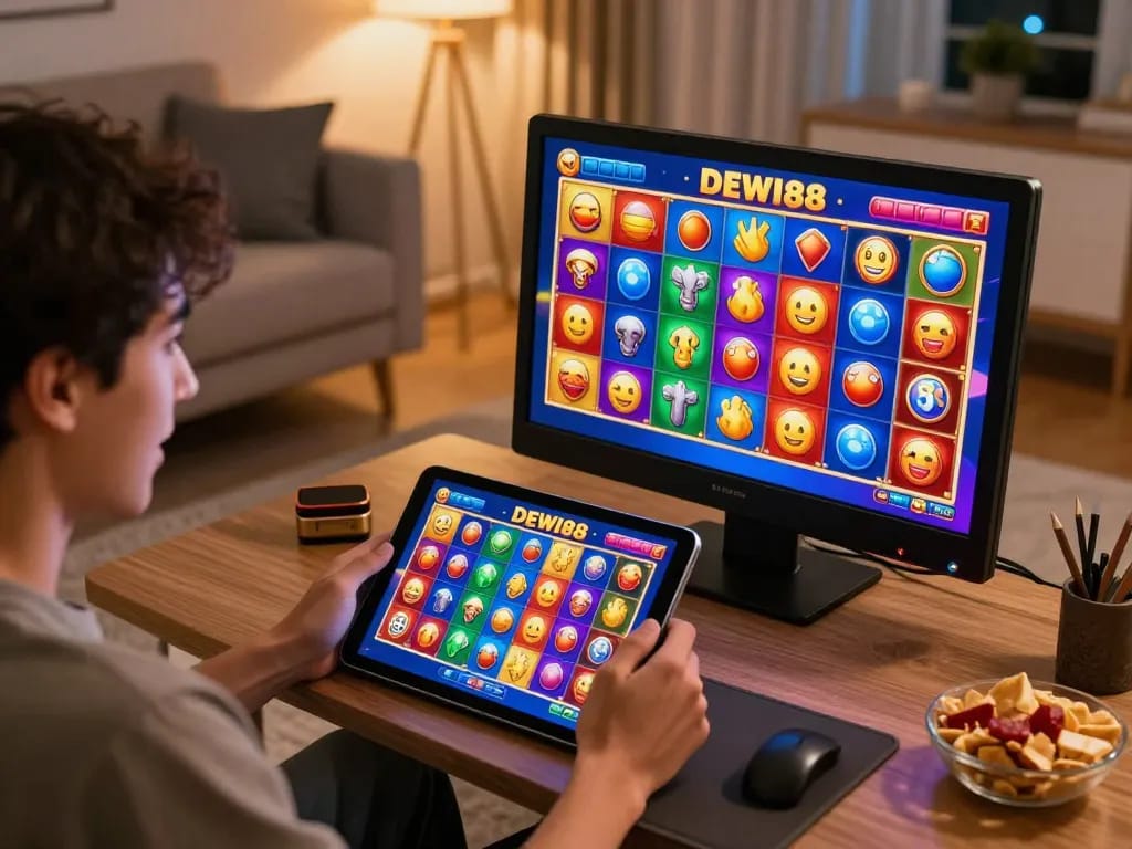 Pemain menikmati permainan slot DEWI88 di tablet, menampilkan grafik layar yang cerah dan suasana santai.