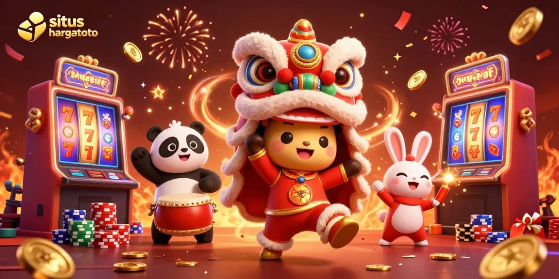 Experience exciting games at situs hargatoto with a lively casino-themed celebration featuring characters and elements.