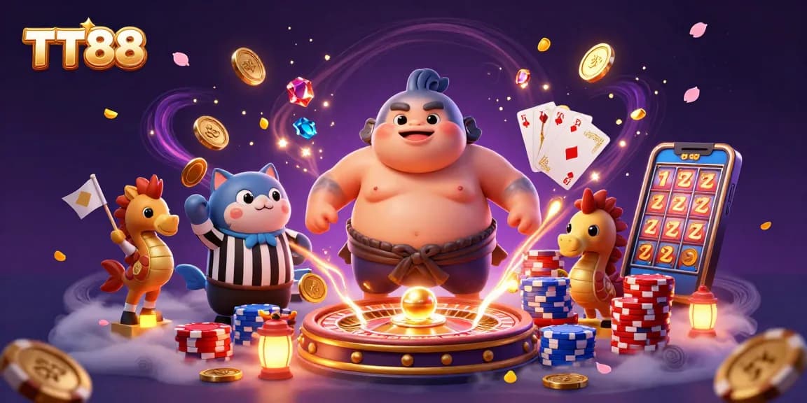 Experience the excitement of gambling with the TT88 blowfish character amidst dynamic casino elements.