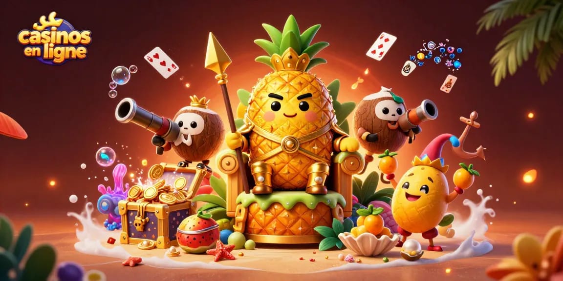Jouez sur les casinos en ligne avec une illustration de roi ananas doré et ses gardes.