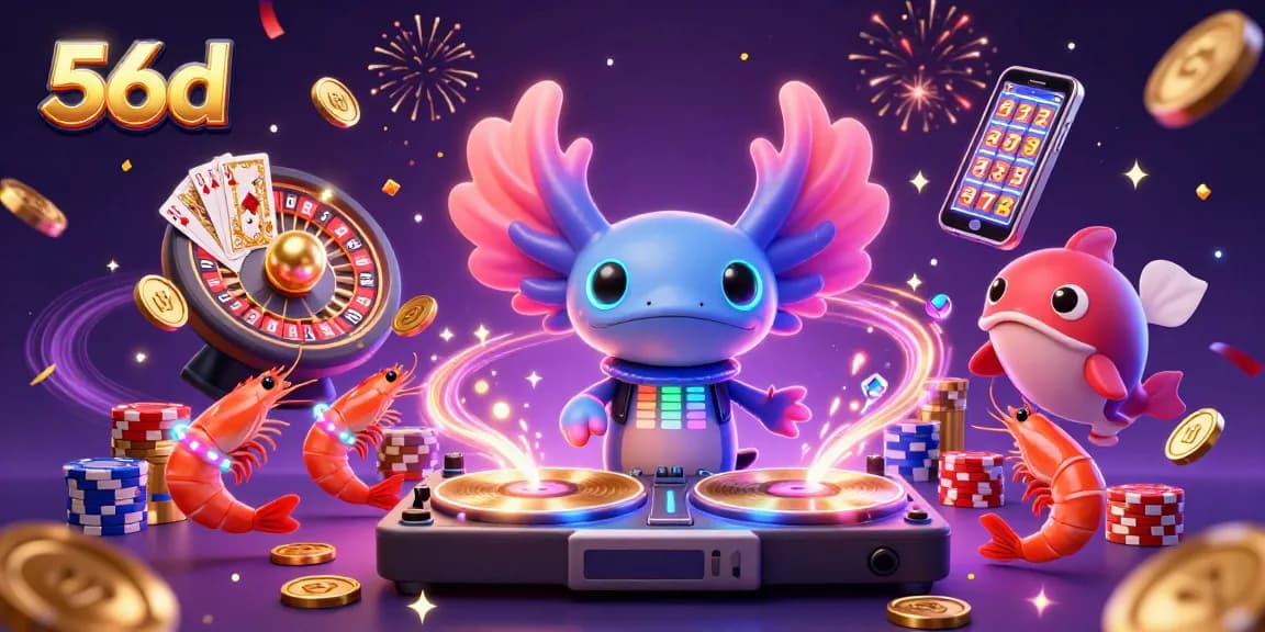 Win big at 56d with vibrant casino entertainment featuring an axolotl DJ and festive gaming elements.