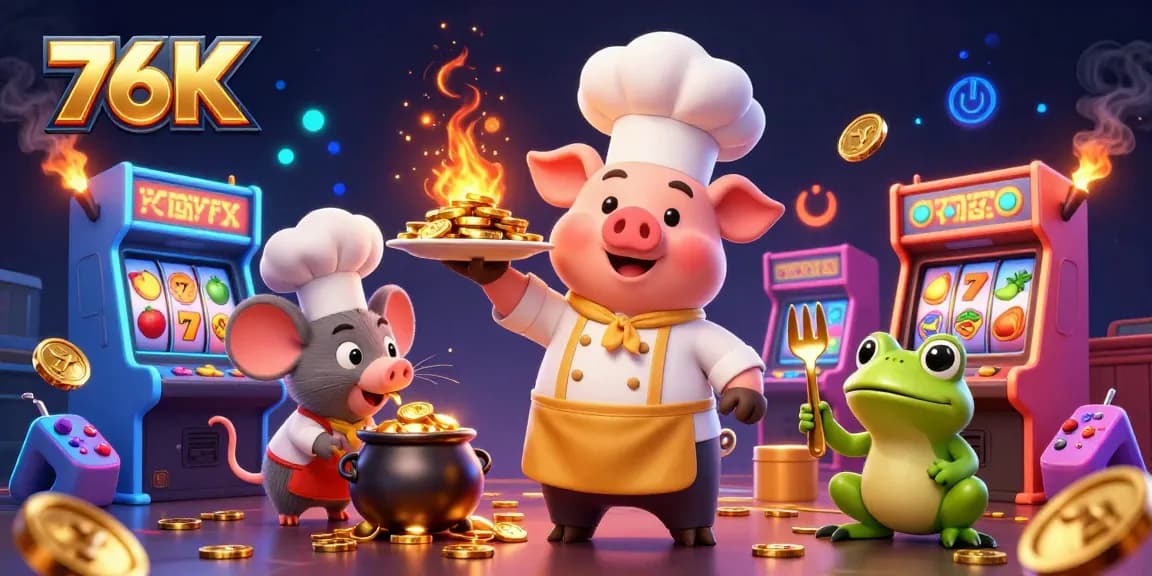 Engage with 76K's vibrant casino world through a colorful scene with gold coins and playful characters.