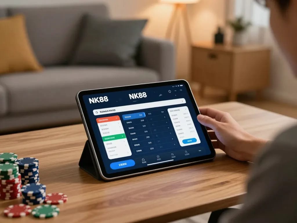 Engaging with NK88 com app for strategic online gaming in a cozy living room setting.