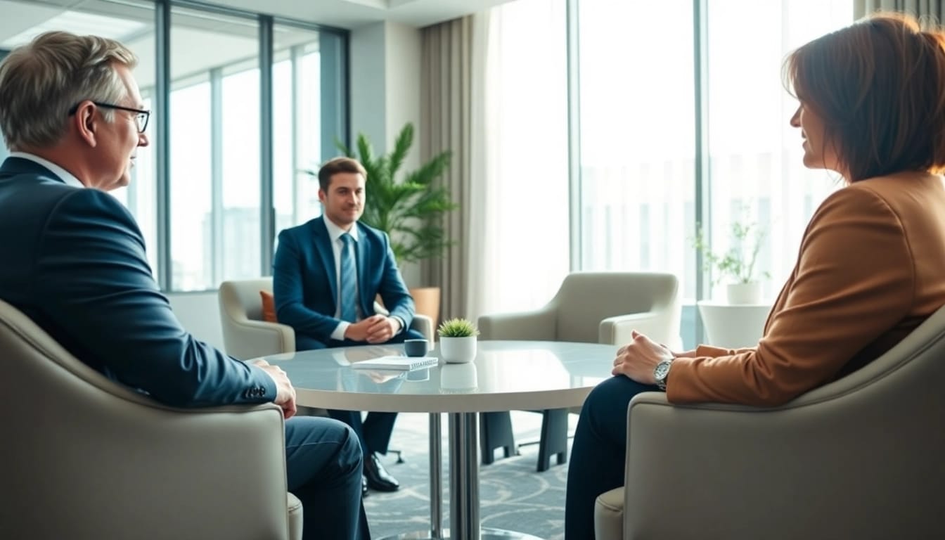 Mediation session in an elegant conference room, showcasing effective communication.