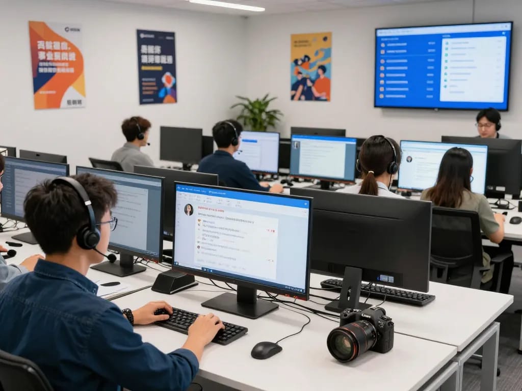 一组客户服务代表在现代办公室环境中使用易翻译进行实时多语言支持。