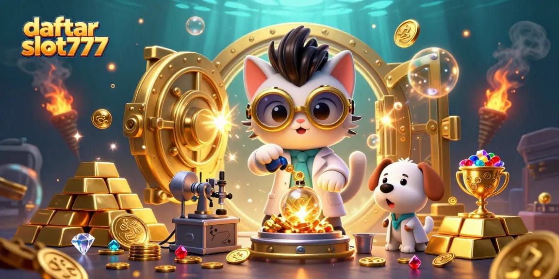 Spin the reels and win big at daftar slot777 with golden treasures flowing in this vibrant casino illustration.