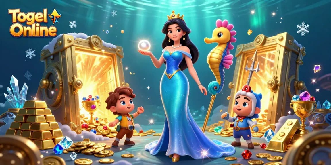 Engage in Togel Online with thrilling visuals of a vibrant underwater scene, showcasing jewels and treasures.