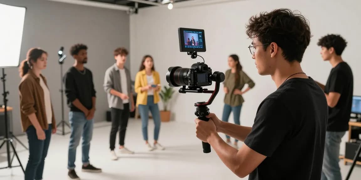 Videography services in Sg showcased in a professional studio scene with a videographer directing a film shoot.