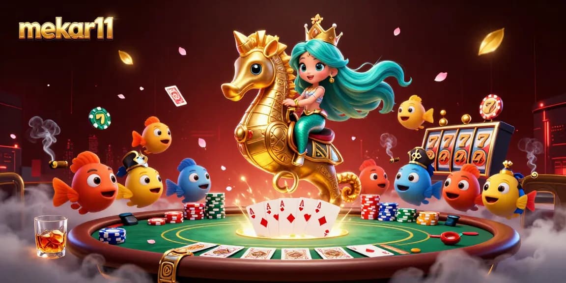 Mekar11 showcases a vibrant 3D casino scene featuring a mermaid princess and poker elements.