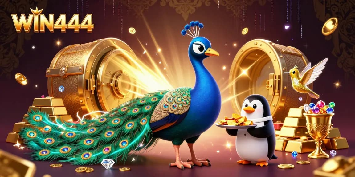 Experience WIN444's vibrant animated casino scene with an aristocratic peacock, dazzling treasures, and more!