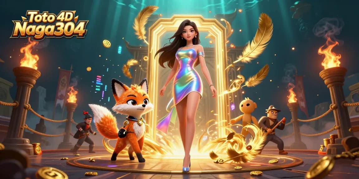 Toto 4D Naga304 showcases a vibrant gambling scene with colorful characters, golden tokens, and dynamic casino elements.