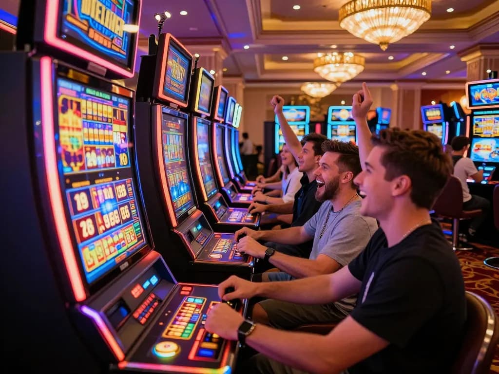 Experience slot gacor excitement as players celebrate wins at vibrant casino slot machines.