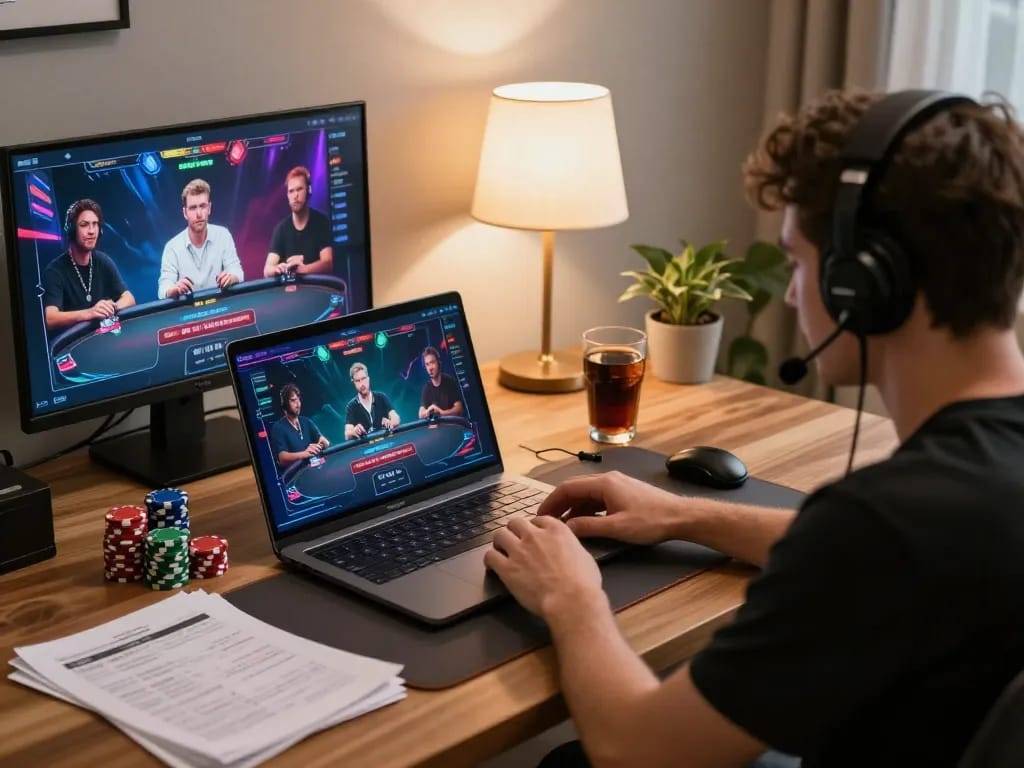 Player strategically engaging in MDG188 online poker game in a home office setting
