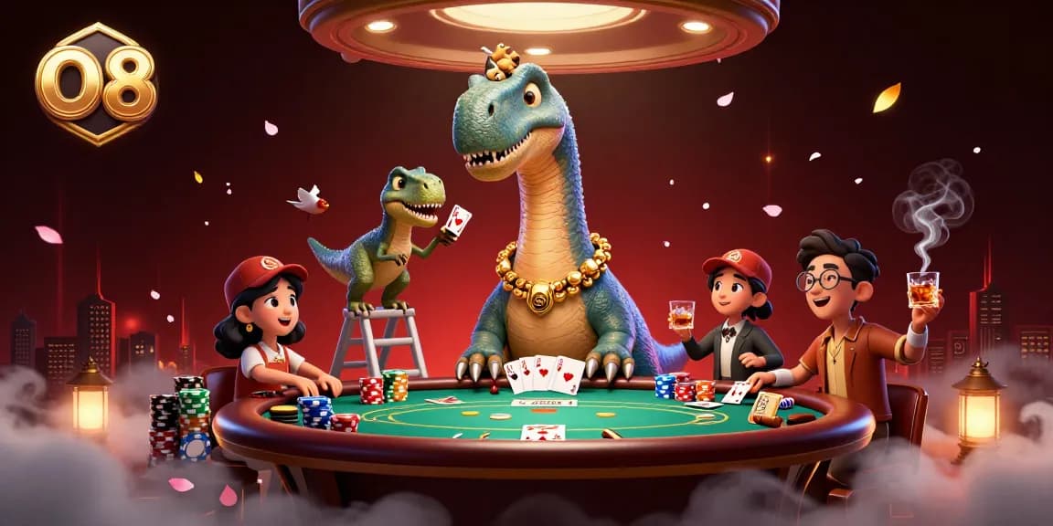 Experience thrilling poker action at O8 with a giant brontosaurus dealer overseeing the game.