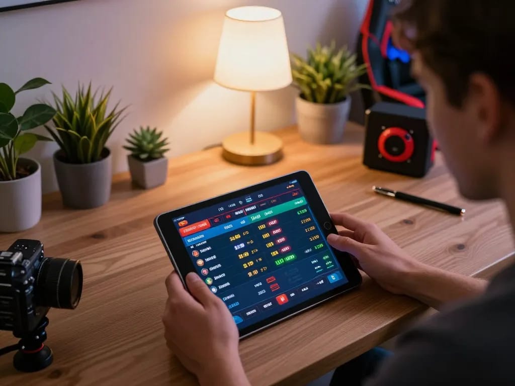 Engaged user betting on sports events through RR88 NAVY tablet interface in a cozy home.