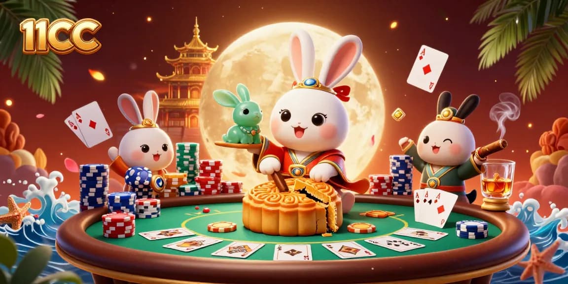 Engage with thrilling action at 11CC, witnessing a whimsical moon rabbit and poker delights.