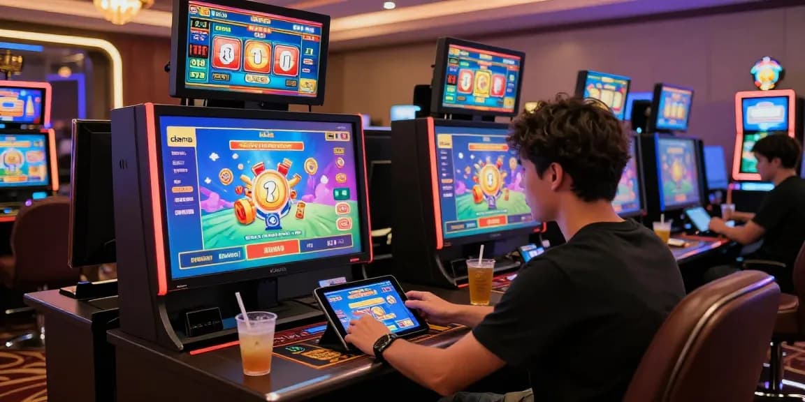 Player enjoying a slot deposit dana game on a tablet in a vibrant online casino.