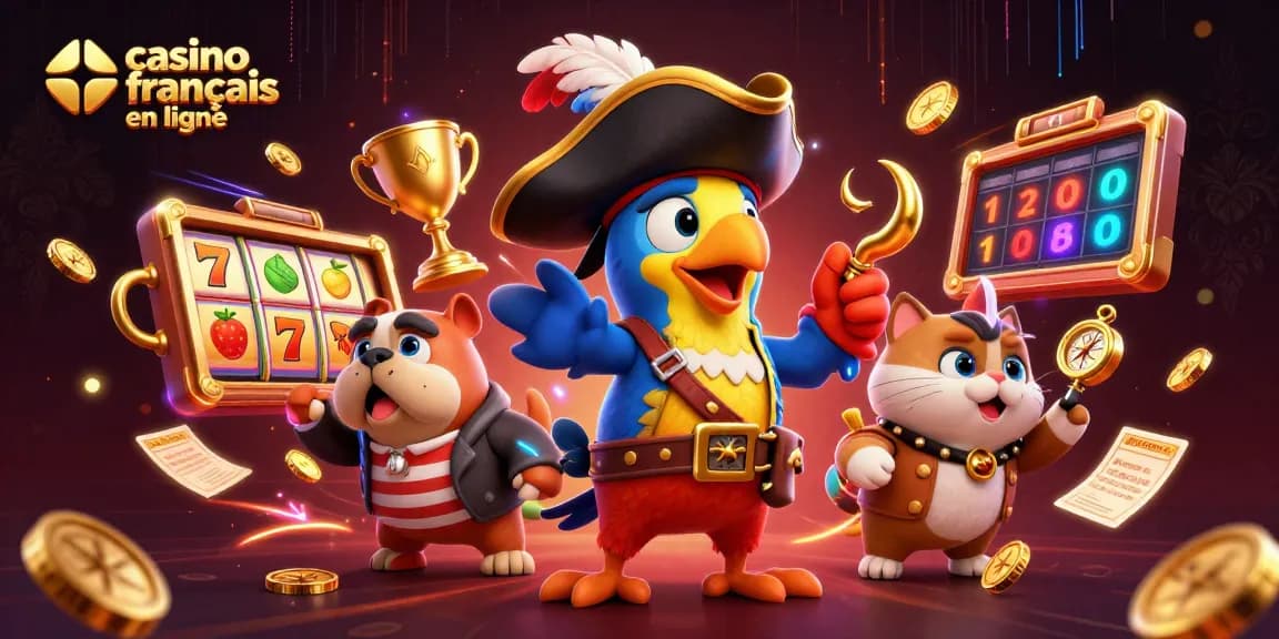 Jouez avec stratégie au casino français en ligne grâce à une illustration dynamique d'un pirate dirigeant un jeu animé.