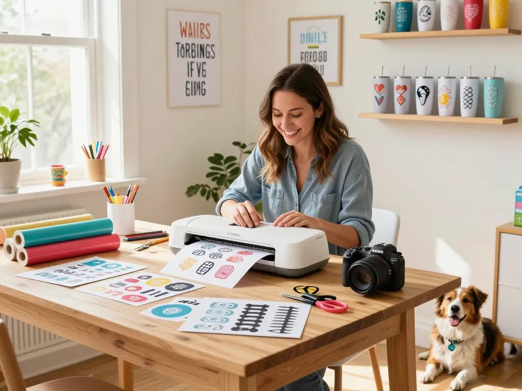 Crafting with svg bundles in a bright studio with Cricut machine and colorful vinyl.
