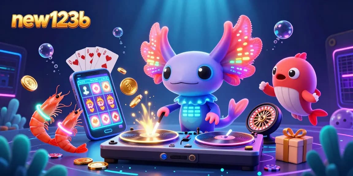 Experience the vibrant energy of new123b with a neon axolotl DJ and dynamic gambling elements.