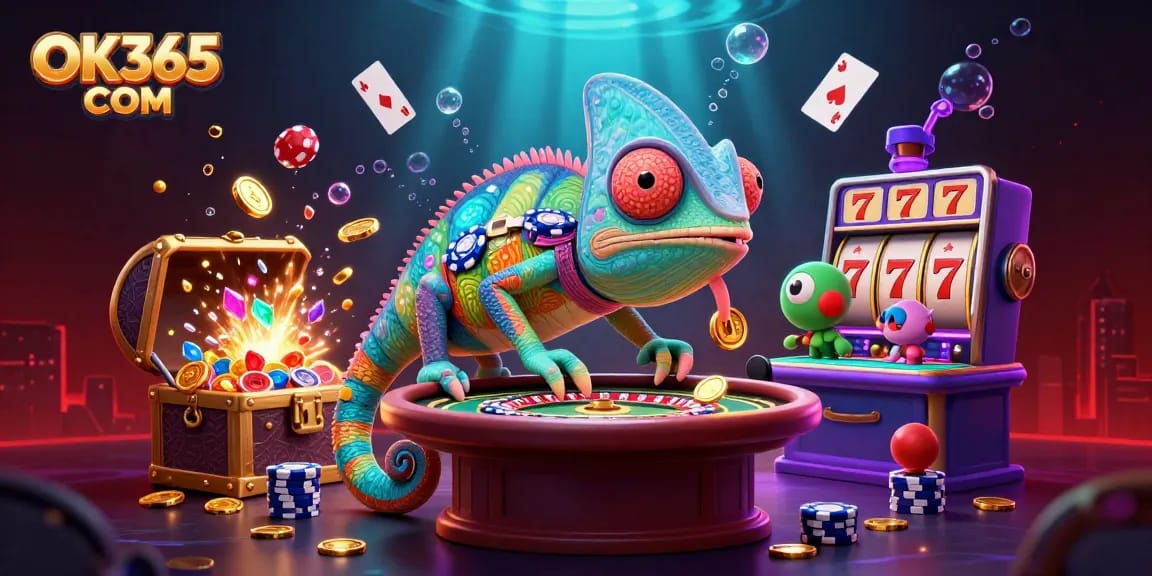 Engage with OK365 COM while enjoying vibrant casino action amidst a colorful cartoon scene.