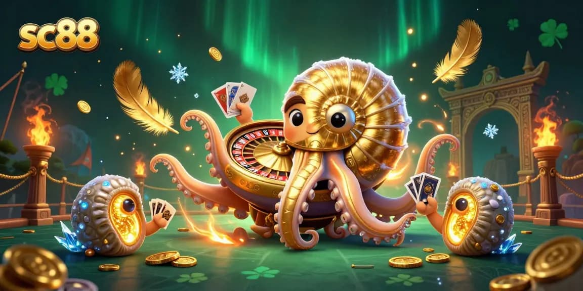 Engage with sc88 through this vibrant 3D casino illustration featuring a giant nautilus and luminous ammonite companions.