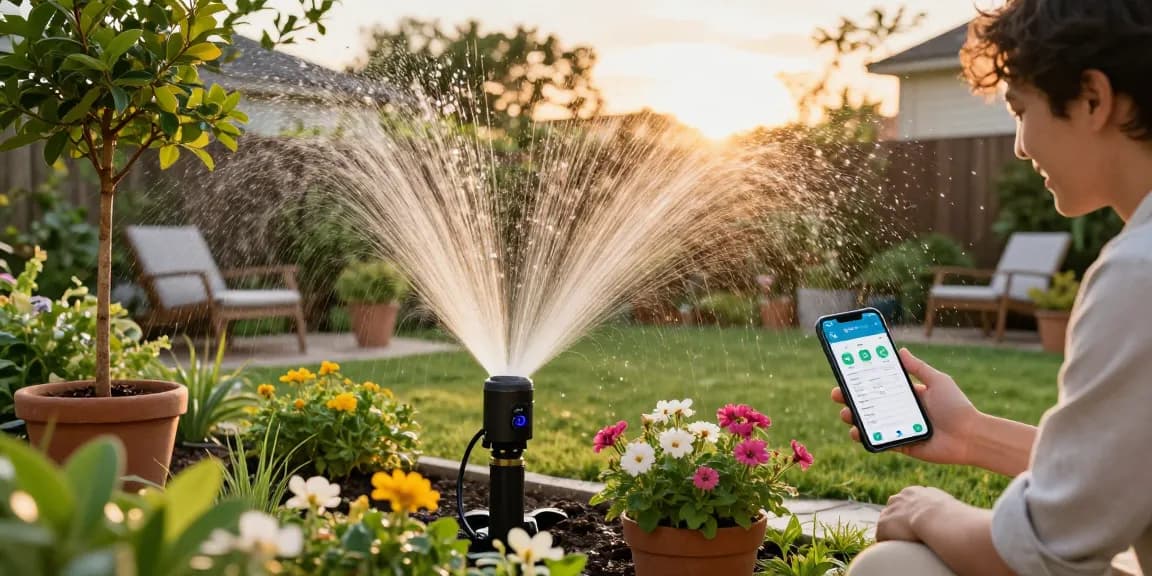 Efficient rainpoint sprinkler timer in action, watering blooming garden flowers and trees under warm sunset light.