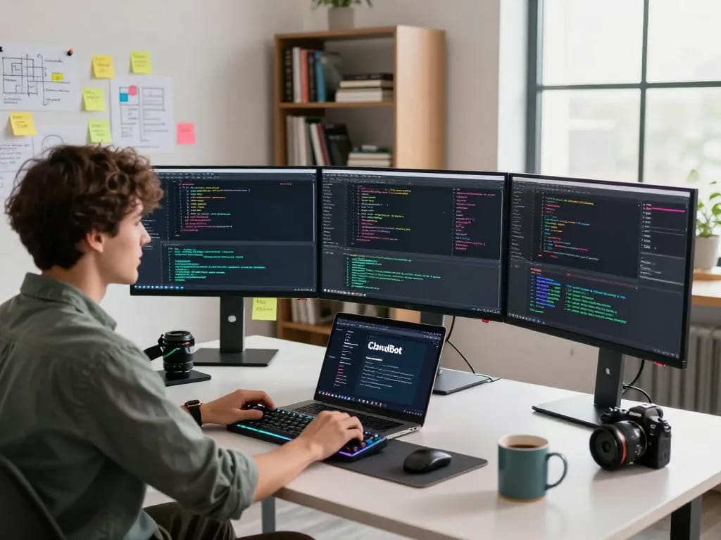 Developer using ClawdBot AI in a modern workspace with multiple screens and coding tools