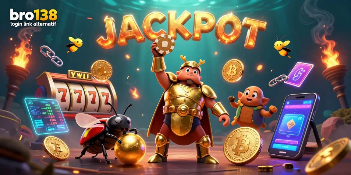 Engage with bro138 login link alternatif's vibrant casino scene showcasing a beetle champion amid spinning slots and glowing coins.