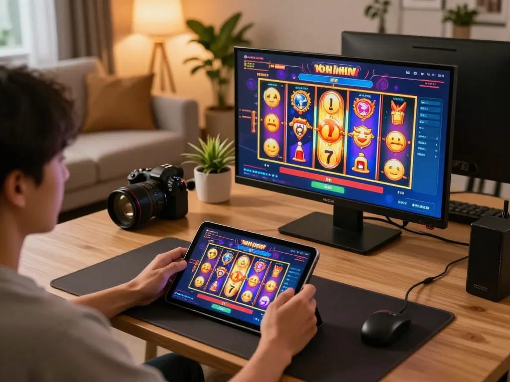 Enjoying game nổ hũ on a tablet in a cozy home environment focused on responsible gaming.