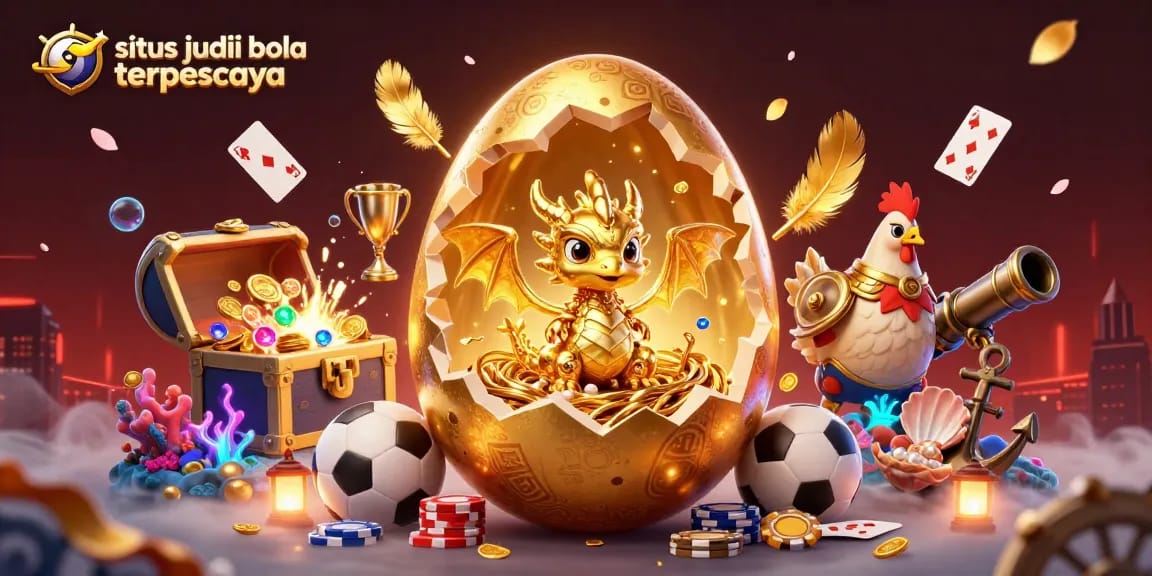 Situs judi bola terpercaya showcases a vibrant sports betting scene with a golden dragon emerging from poker chips.